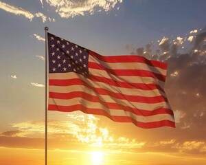 American flag flying high against the sunset sky, american flag picture