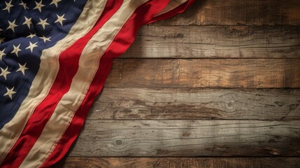 American flag draped over wooden background, american flag picture