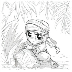 Cute ninjas ,Hiding Pose, The ninja hides under a large leaf or behind a rock, peeking out with mischievous eyes, ready to surprise anyone who comes near. coloring page, colorless, white background
