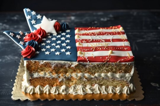 American flag cake with patriotic decorations perfect for celebrating national holidays and showing love for the usa, american food photo