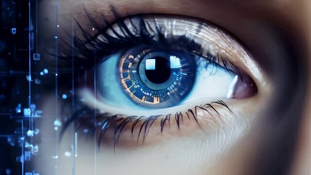 A close-up of an eye with a digitally patterned iris, framed by natural lashes and futuristic graphic elements