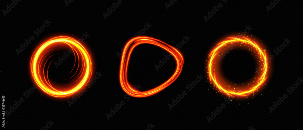 Aufkleber fire circle and triangle magic portal with flare and sparkles. realistic vector illustration set of 