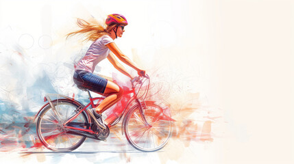 A woman in action, riding a bike with a dynamic pose