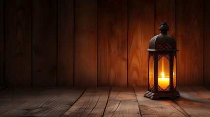 Beautiful oriental lamp emits warm light with reflection on the wall in a beautiful interior in brown tones