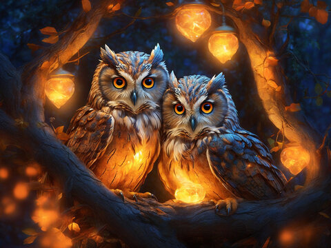 two cupple of owl in the night