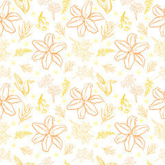 Pattern with yellow, orange flowers, branches, leaves