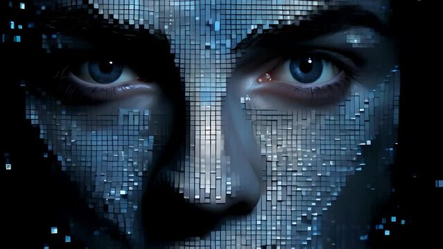 Pixelated blue face with realistic eyes, symbolizing digital identity