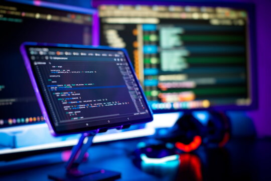 Cyber space concept. programming code on computer screen , abstract screen of software developer. Computer script.