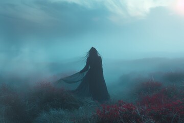 Girl is Near a Field that is Covered in Fog in the Style of Dark Cyan and Crimson - Mystery Nostalgia Wiccan Woman with Flowing Fabrics Costume Background created with Generative AI Technology