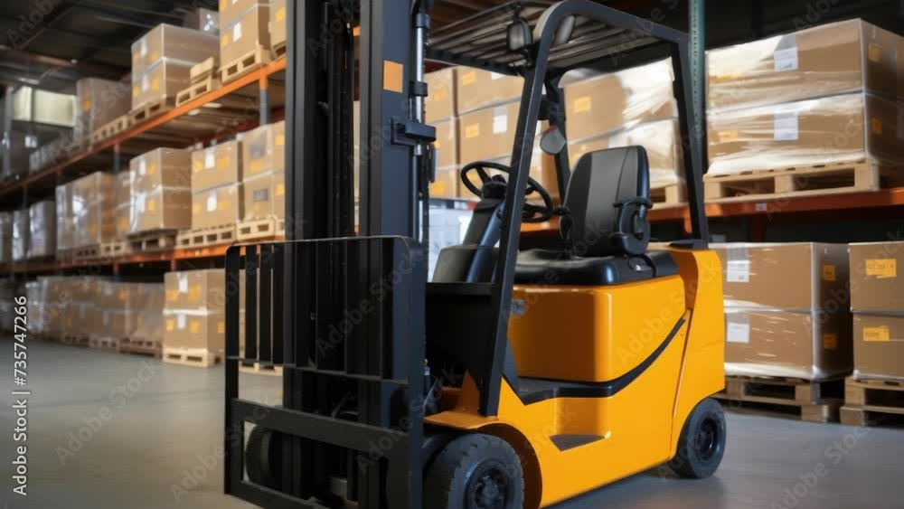 Poster a forklift picking up cargo boxes from a line of neatly ordered stacks. d