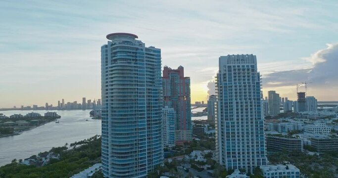 South Beach, Miami Beach. Florida. Aerial view. Paradise. South Pointe Park and Sea Pier. Ocean Drive, Collins avenue in Miami. Famous Miami, Art Deco Miami.