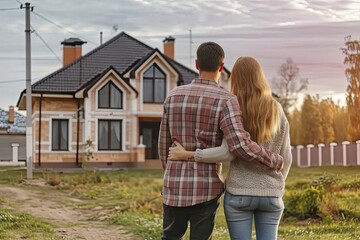 Lovely couple embraces with joy and affection in front of new house symbolizing significant milestone in life together happy young man and woman possibly just having invested in dream home