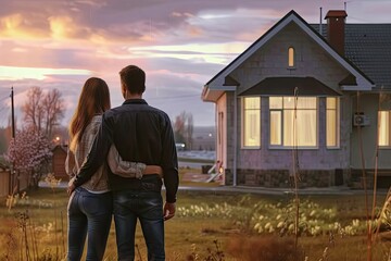 Lovely couple embraces with joy and affection in front of new house symbolizing significant milestone in life together happy young man and woman possibly just having invested in dream home
