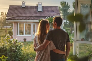 Fototapeta premium Lovely couple embraces with joy and affection in front of new house symbolizing significant milestone in life together happy young man and woman possibly just having invested in dream home