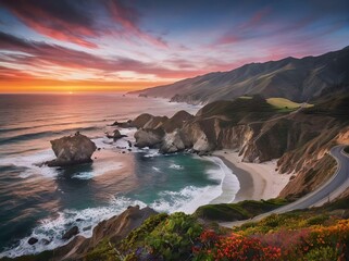 Beautiful Sunset in The Beach with Turquoise Sea Water and Rocky Valleys Photograph