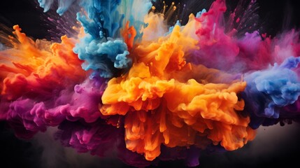 Colorful powder explosion on black background. Abstract pastel color dust particles splash - obrazy, fototapety, plakaty