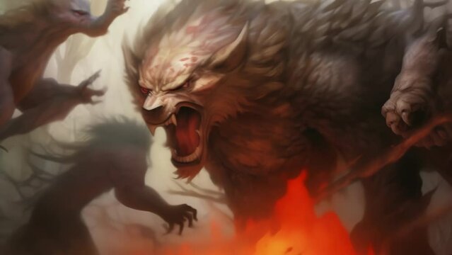 A massive powerful creature with the heads of a wolf a lion and an eagle roars and Fantasy art concept. .