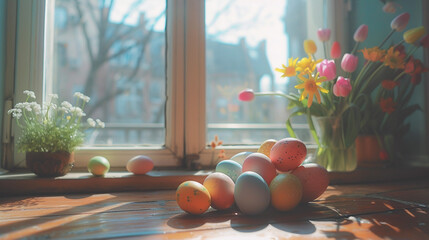 Easter egg on the table with beside window background.