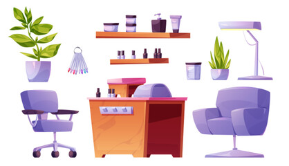 Nail salon interior elements isolated on white background. Vector cartoon illustration of manicure led lamp, polish bottles on desk, comfortable armchairs, hand cream jars on shelf, flower pots