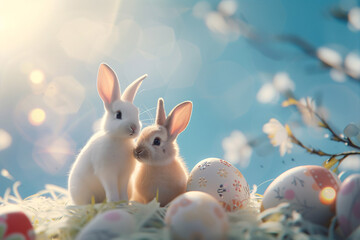 easter card, easter bunny with eggs, easter eggs and flowers, easter eggs in a basket, easter eggs and flowers on a white background, easter wall paper and background for social media	