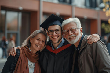 Graduate Smiling with Family at Commencement Day. A graduate in academic regalia joyfully celebrates with her family on commencement day outside.