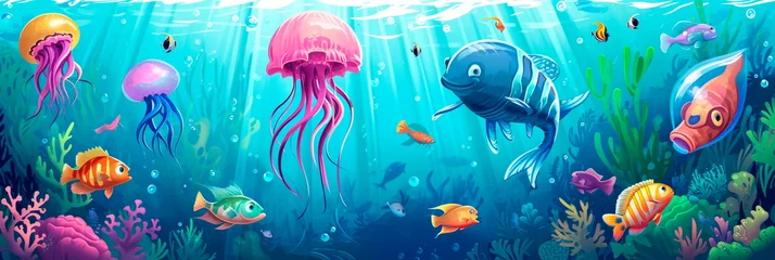 Crédence de cuisine en verre imprimé Vie marine cartoon fish, jellyfish and other sea creatures ,Generative AI