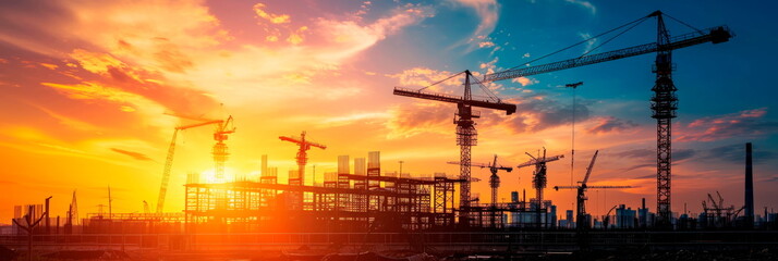industrial construction site at sunset, conveying silhouettes of cranes and structures. Generative AI