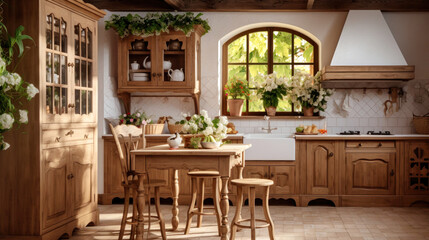 Fototapeta na wymiar Spacious Kitchen With Natural Wood Furniture and Ample Natural Light. Interior of a modern kitchen made of solid wood.