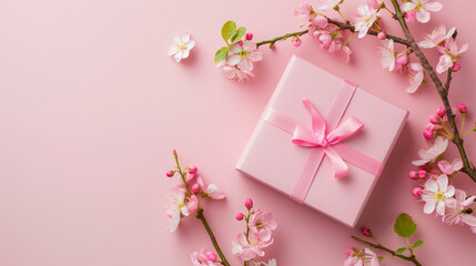 Pink gift box with ribbon and cherry blossoms on a pastel pink background. Flat lay composition with copy space. Mother's Day celebration concept. Design for greeting card, invitation, poster