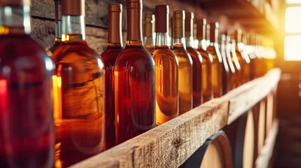 Fotobehang Row of Wine Bottles on Wooden Table © Anoo