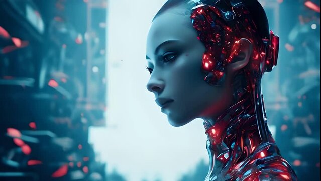 Side profile of a serene female android with glowing red cybernetic enhancements against a blurred blue and teal technological backdrop