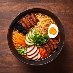 A bowl of japanese ramen soup with noodles, mushrooms, marinated egg and vegetables, top view angle