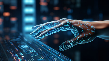 Human hand blending into AI robotic hand, in hi tech environment, using laptop,Robot cyborg hand on...