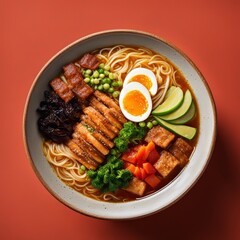 A bowl of japanese ramen soup with noodles, mushrooms, marinated egg and vegetables, top view angle