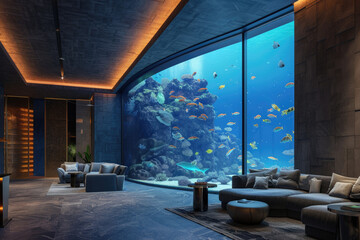 a luxury living room with a big aquatic aquarium