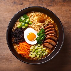 A bowl of japanese ramen soup with noodles, mushrooms, marinated egg and vegetables, top view angle