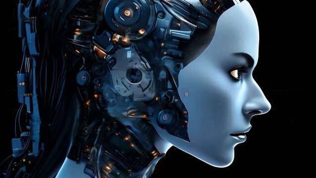 A side profile of an android with half its face revealing a detailed mechanical structure, set against a dark backdrop