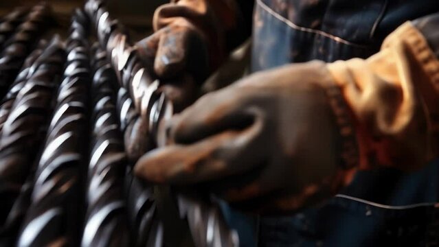 Hands covered in protective gloves and smudged with grease a Toolmaker stands in front of a stunning spiral pattern of drill bits a shining result of his endeavors.