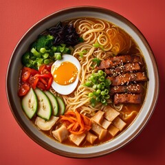 A bowl of japanese ramen soup with noodles, mushrooms, marinated egg and vegetables, top view angle