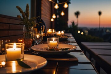 Romantic Rooftop Dinner Setting with City View 