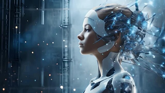 A female android profile with half-exposed cybernetics against an urban backdrop with soft light effects