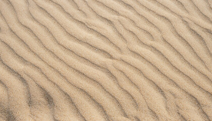Fototapeta na wymiar Beautiful Nature Sandy Summer Background. Abstract pattern of wave sand on beach formed by wind. Light Texture of the fine sand Close up. Wallpaper With Copy Space for design