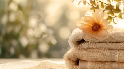 Fototapeta na wymiar Soothing spa essentials, fluffy towels with flower. perfect for wellness and relaxation. soft focus and warm light. AI