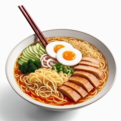 A bowl of japanese ramen soup with noodles, mushrooms, marinated egg and vegetables, top view angle