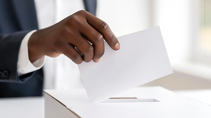 African American man's hand places a ballot into a ballot box in an election.
