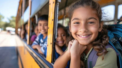Fototapeta na wymiar Little schoolchildren look out the window of a school bus.