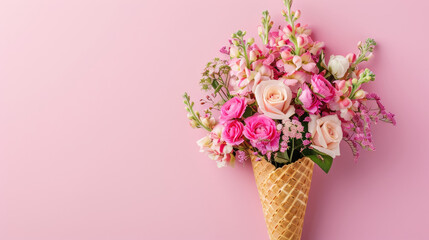 A bouquet of beautiful roses in a waffle cone on a pink background, top view.