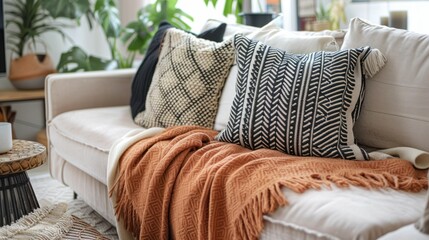 Earthy home textiles, terracotta throws, black and white pillows, green plants