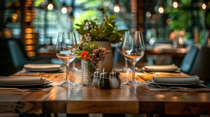 Elegant dining setting, modern organics theme, with subtle Progressive palette highlights