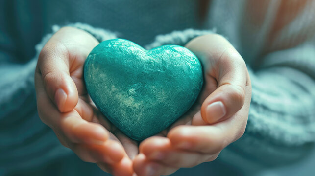 A woman holds a blue heart in her hands. Close-up.